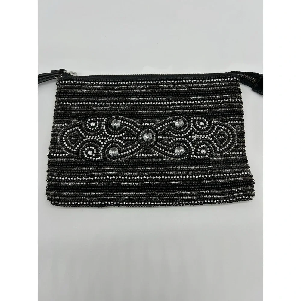 White House Black Market Black Beaded Evening Womens Wristlet Makeup Bag - Picture 2 of 9